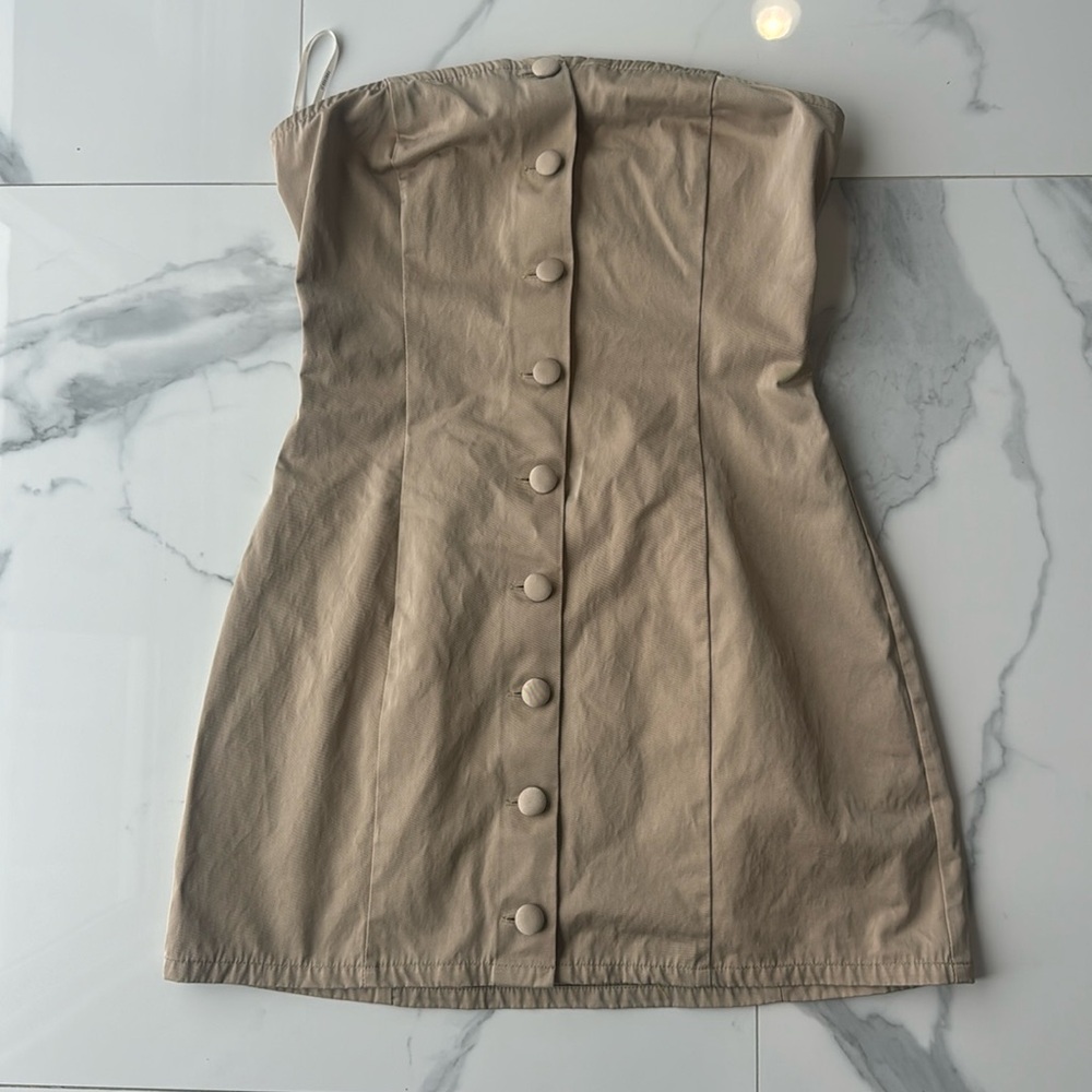 Strapless khaki color button down dress from Forever 21